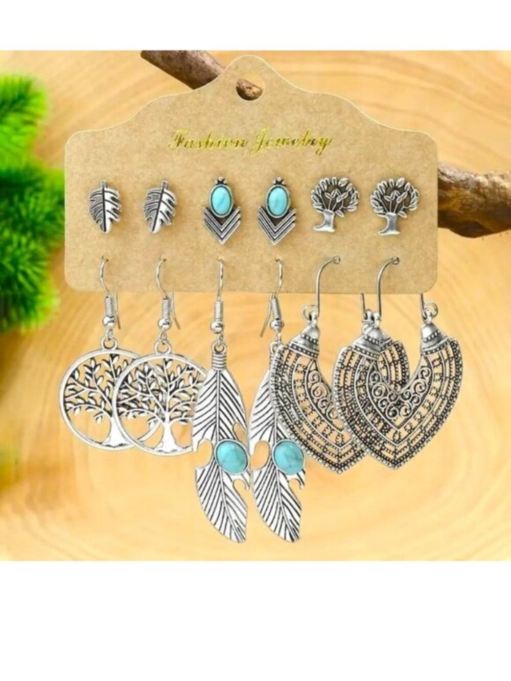 Earrings Turquoise Tree Of Life Dangle 6pr Heart Boho Native Feather Leaf Trendy